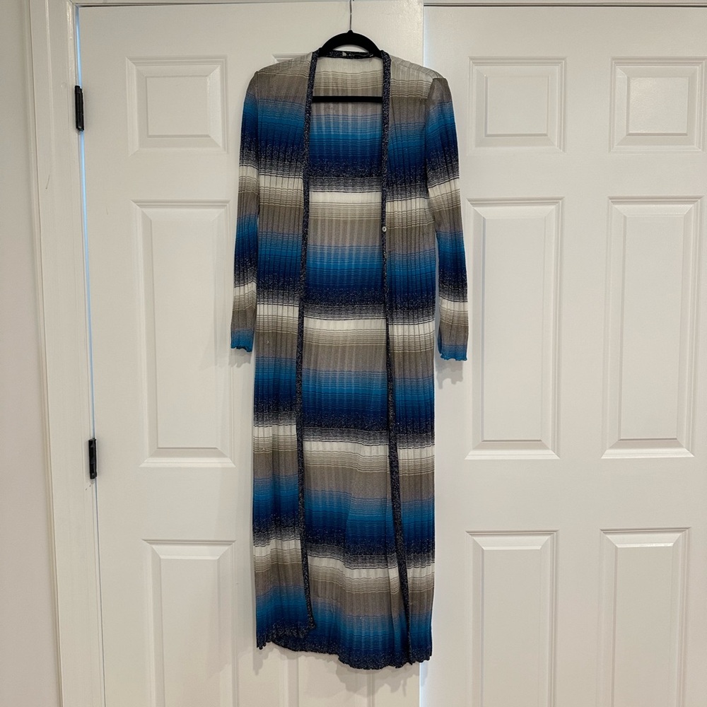 Zara Striped Long Cardigan in Blue and Gray